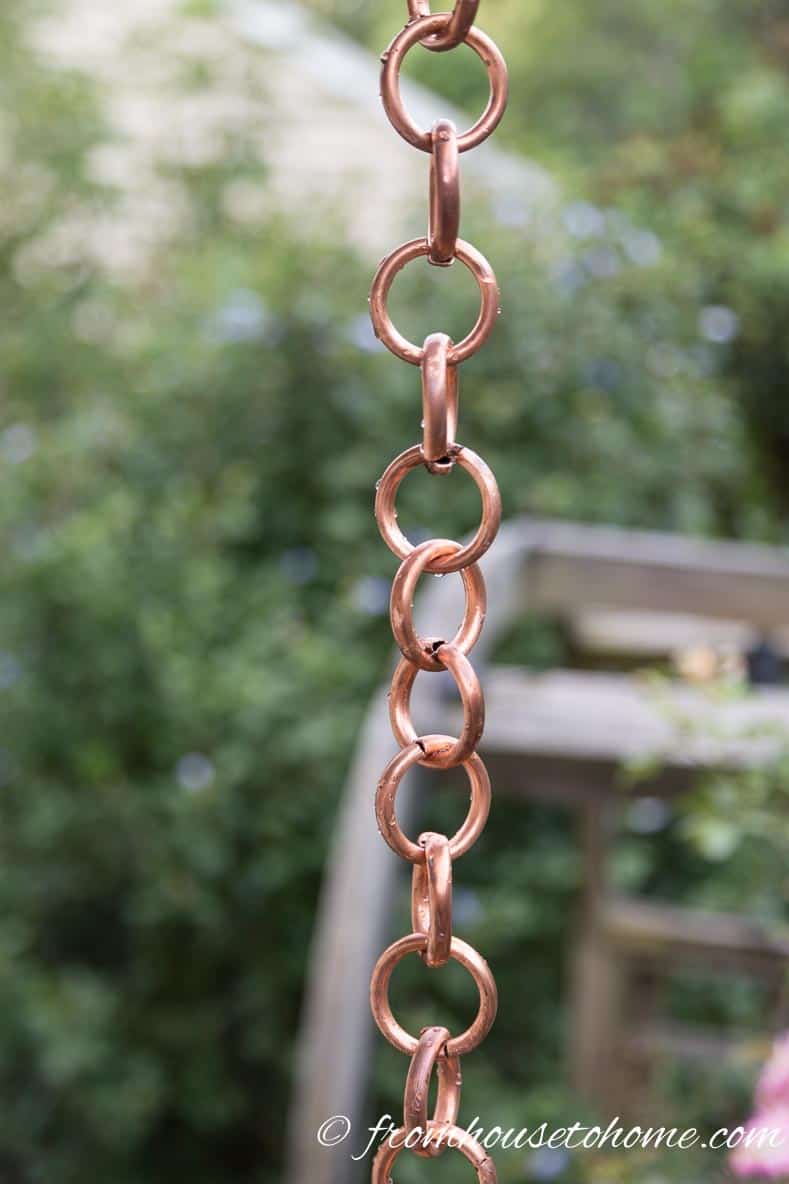 The finished DIY copper rain chain with the rings linked together