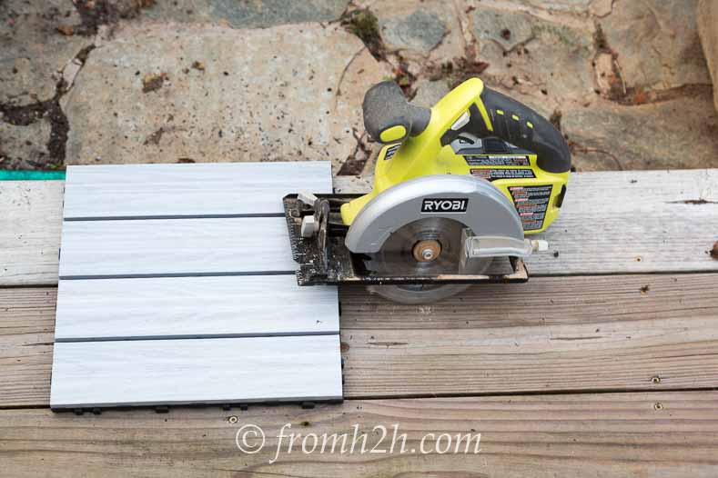 A cordless circular saw works well for cutting the tiles