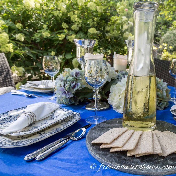 Blue and white outdoor table setting