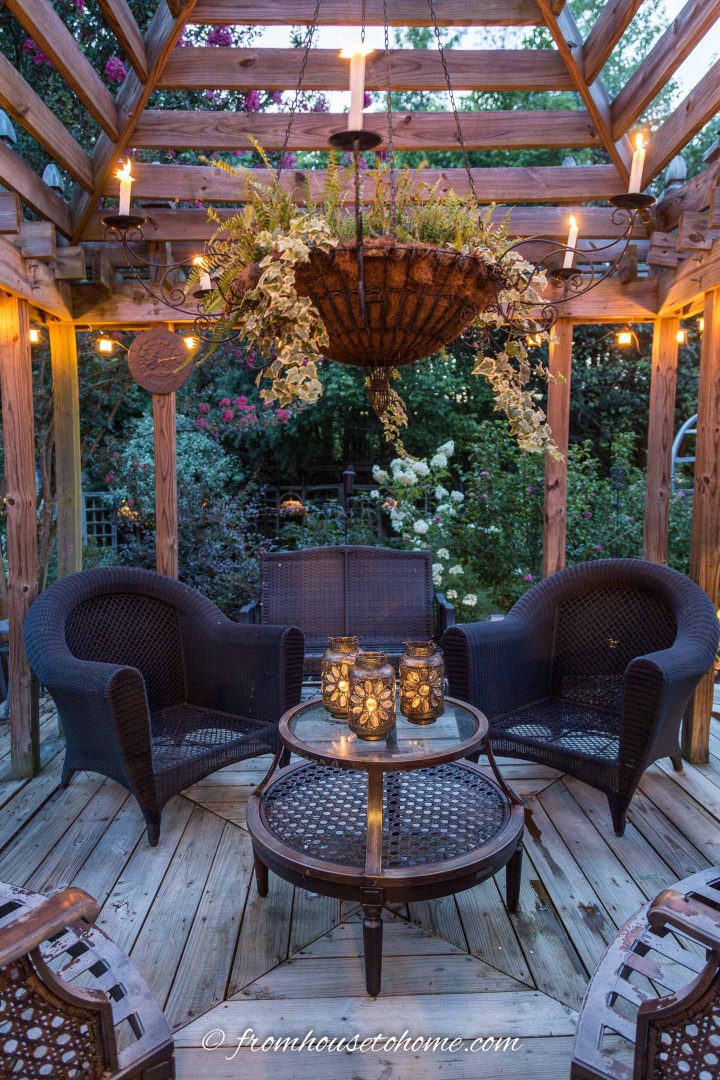 Gazebo with an outdoor chandelier with candles