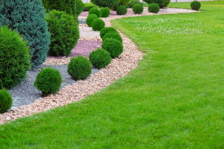 Multi-colored gravel used as edging and mulch for a garden bed