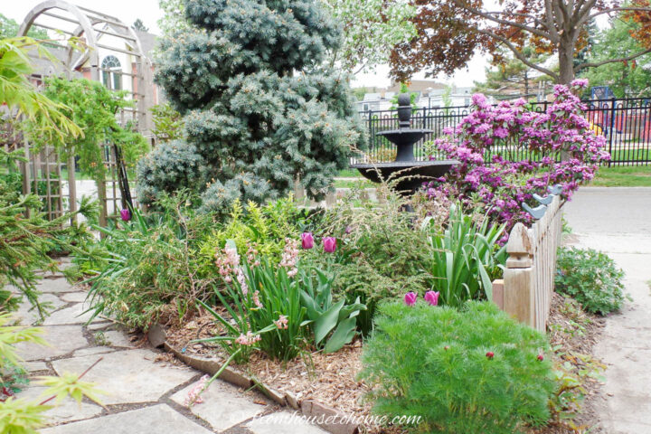 A small front yard garden with a flagstone walkway