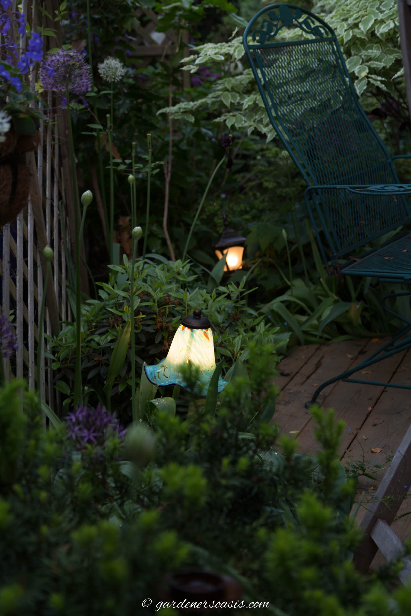 landscape lights at night in the plants around the edge of a deck
