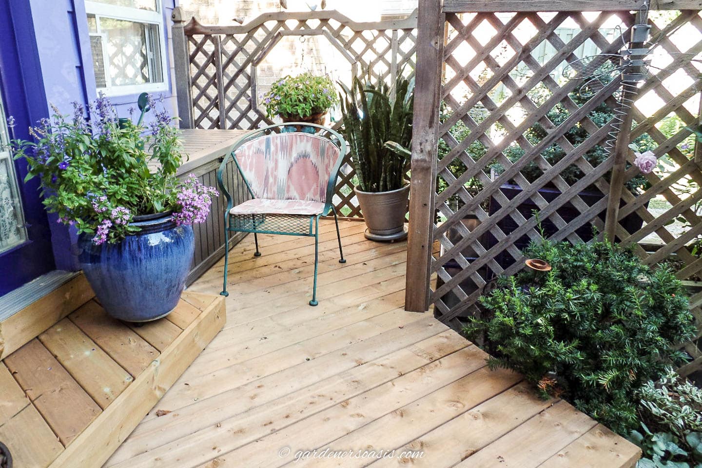 deck with large potted plants and a chair surrounded by a privacy fence