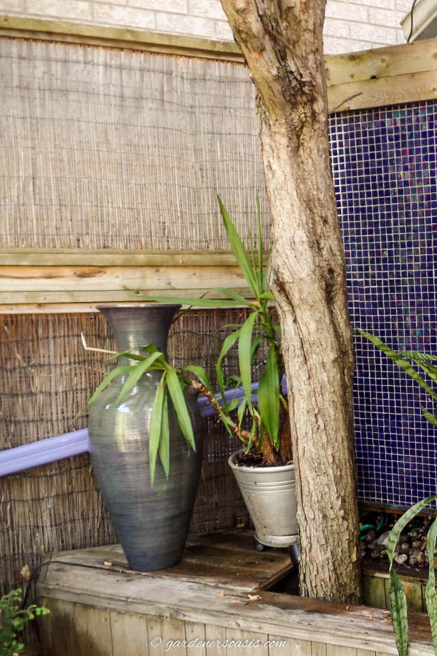 bamboo fence on the side of a relaxing deck with a large pot and a wall water fountain