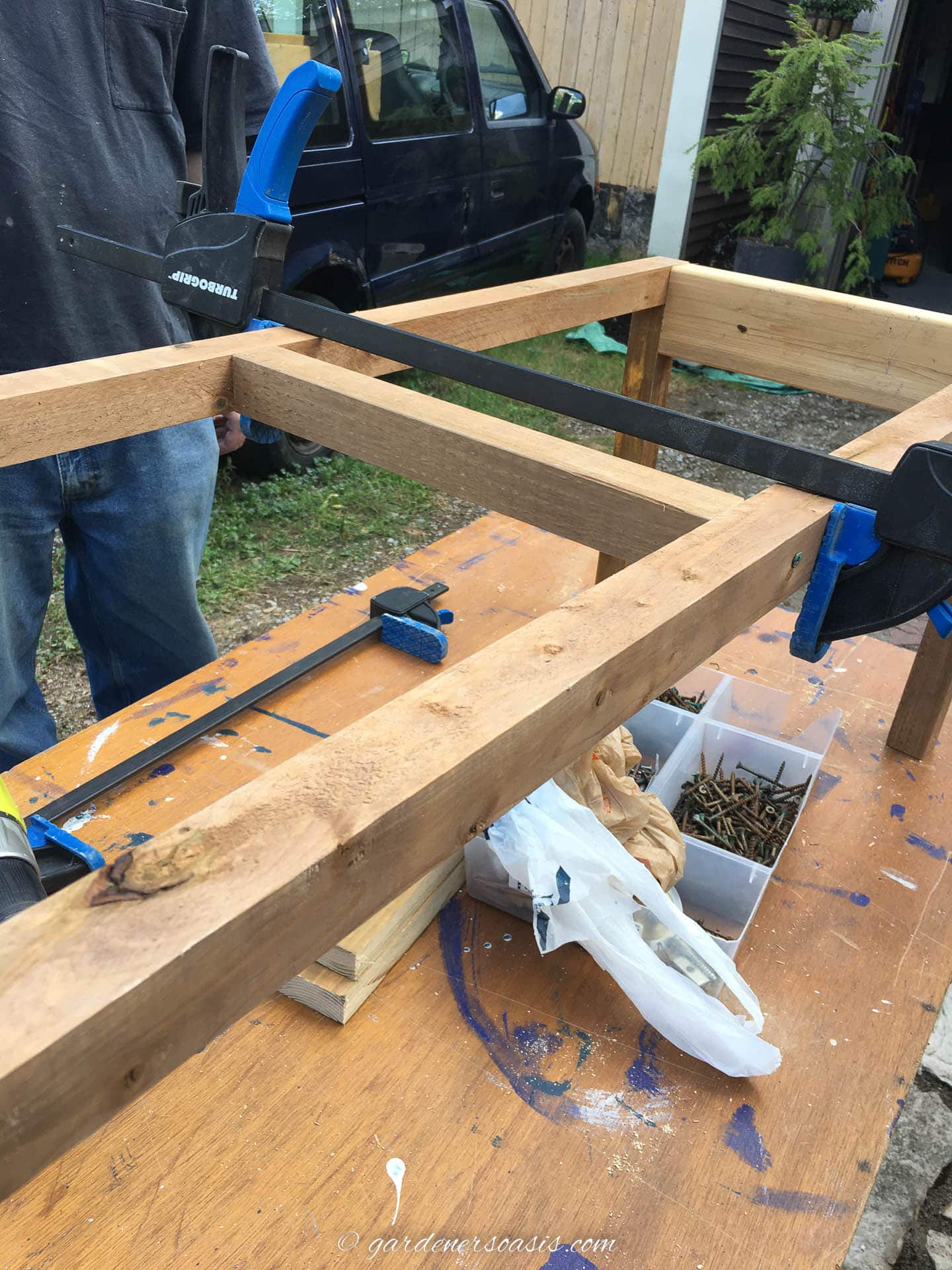 planter box frame being clamped together