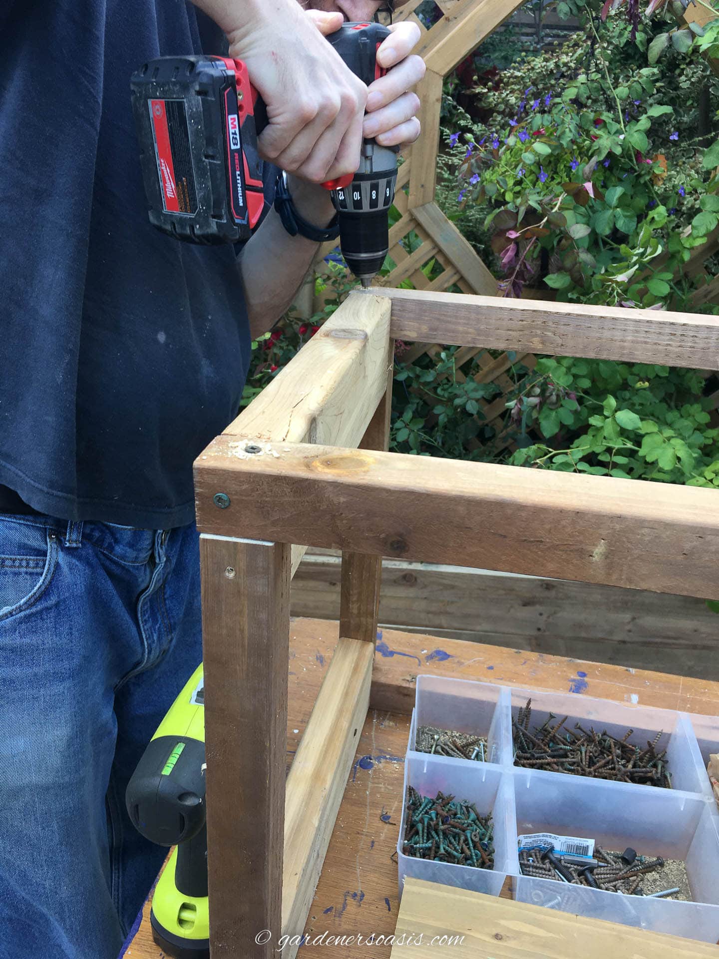 planter box frame being screwed together