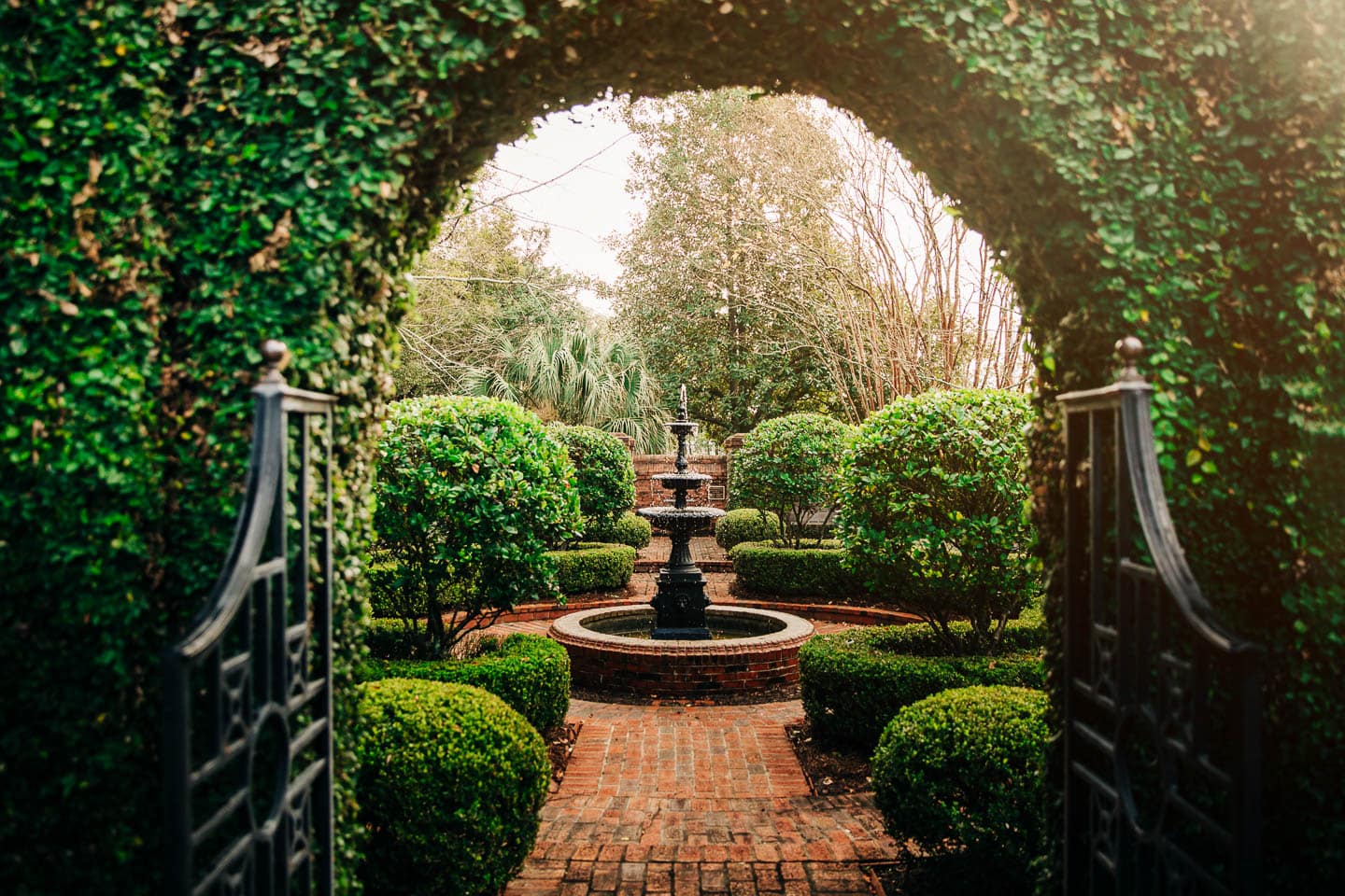 A formal garden with clipped trees and hedges and a fountain in the middle viewed through a hedge arch