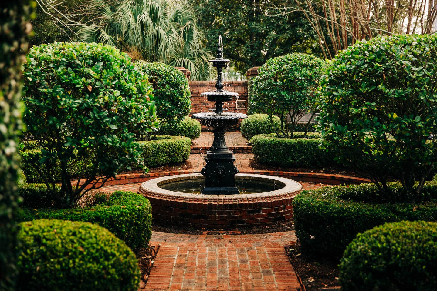 A fountain in the middle of a paved path with clipped hedges and trees on either side