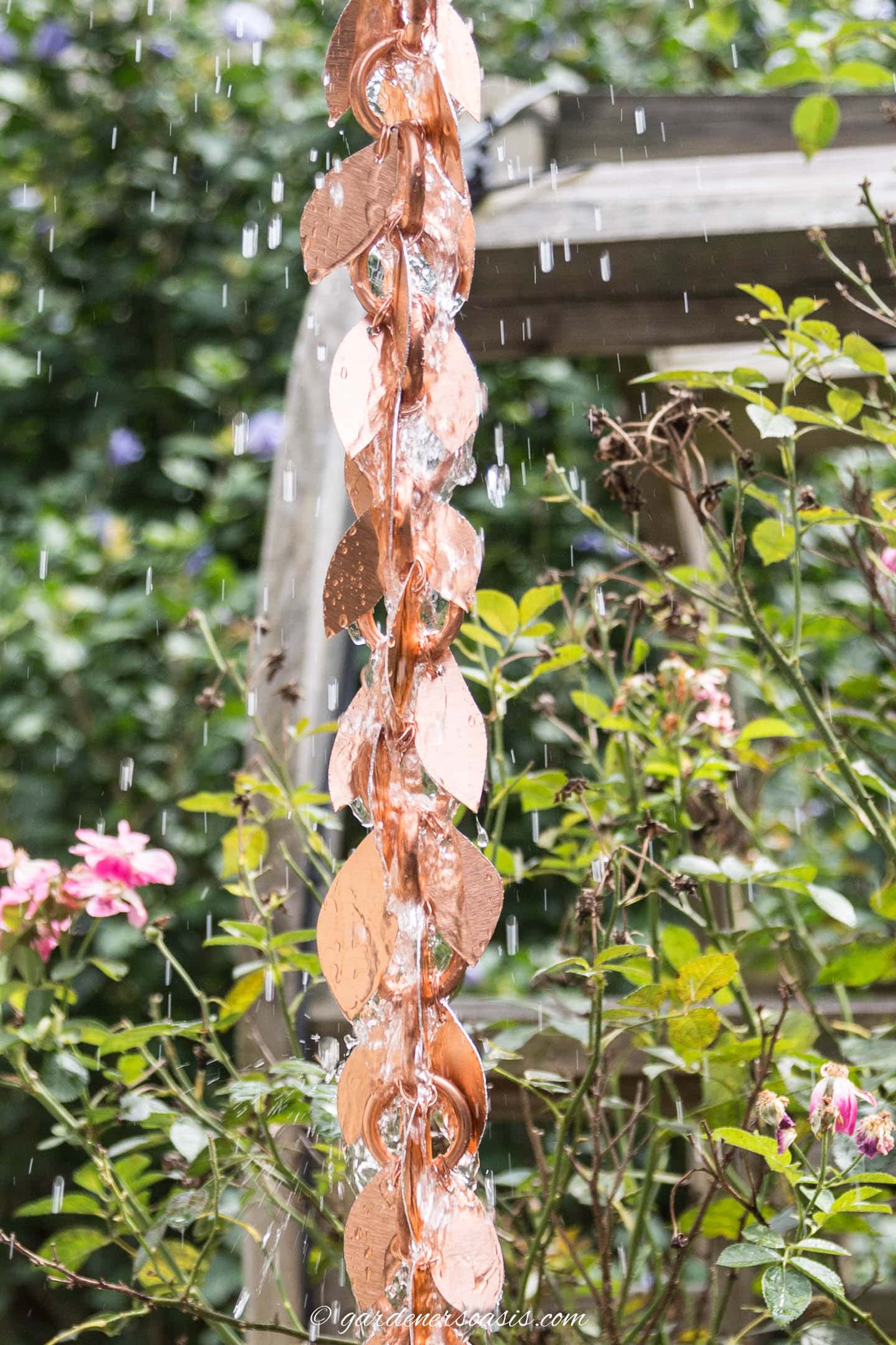 DIY copper leaf rain chain with water spraying out too far