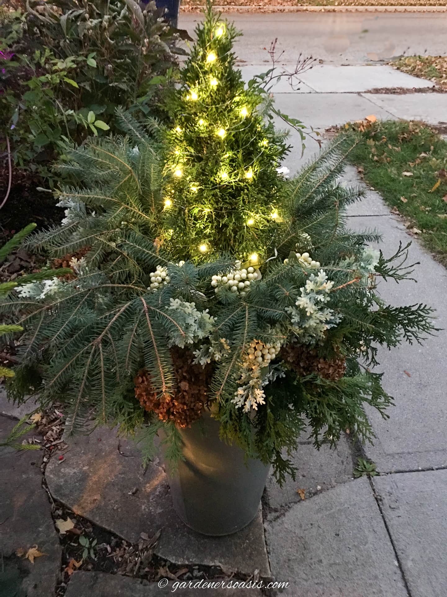 A DIY winter container with evergreens, faux picks, dried flowers and white lights