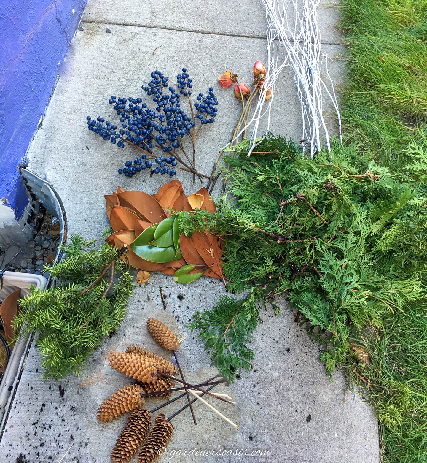winter window box supplies - evergreen branches, faux berries, magnolia leaves, pine cones and white twigs
