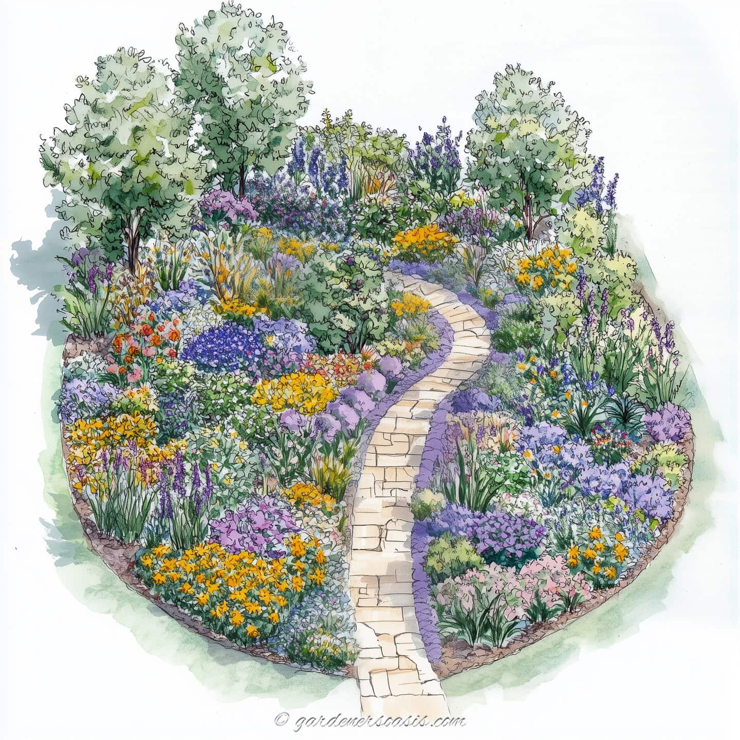 a drawing of a more modern cottage garden with a curving path through the middle of the garden