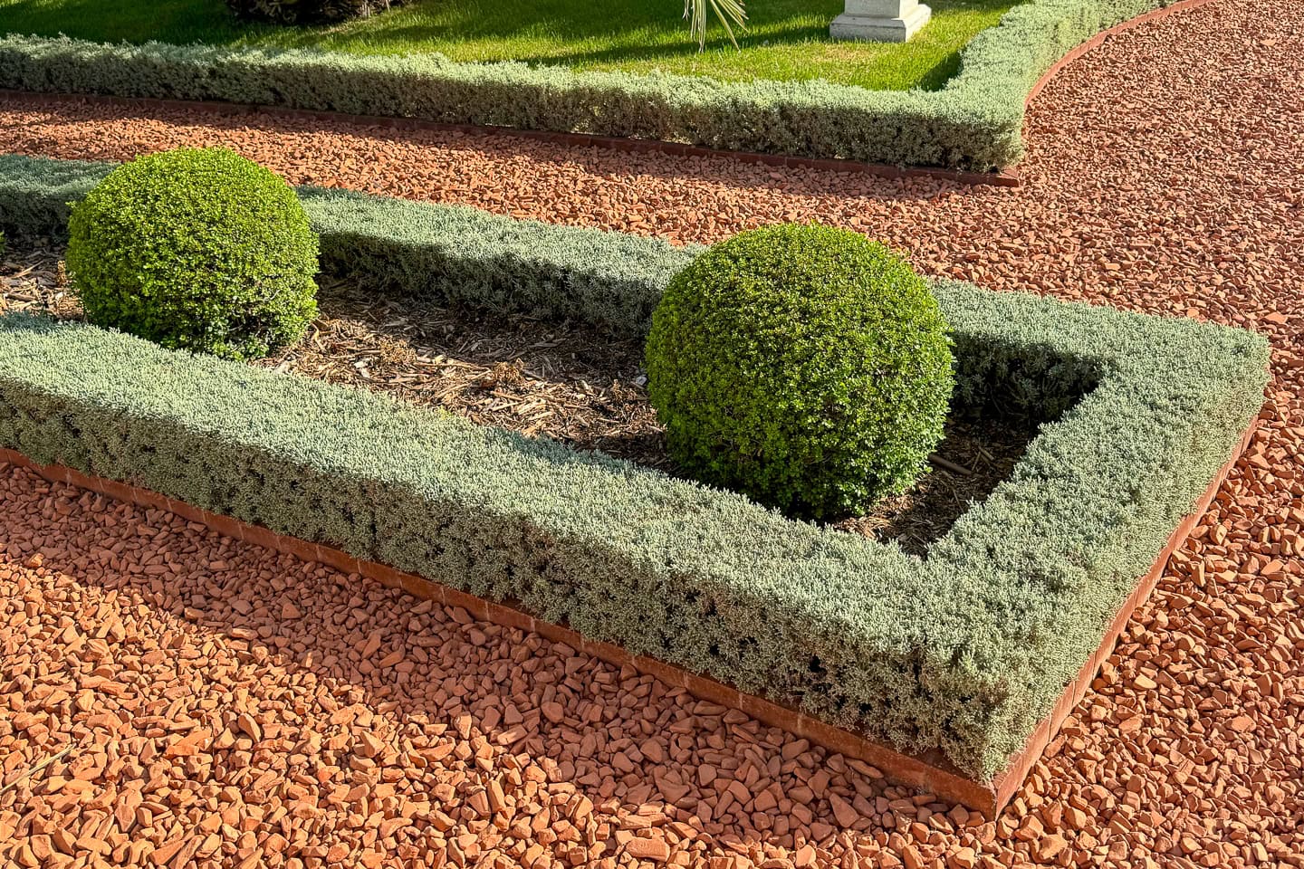 Rectangular garden bed with two spherical trimmed bushes, bordered by low hedges and surrounded by reddish gravel paths.