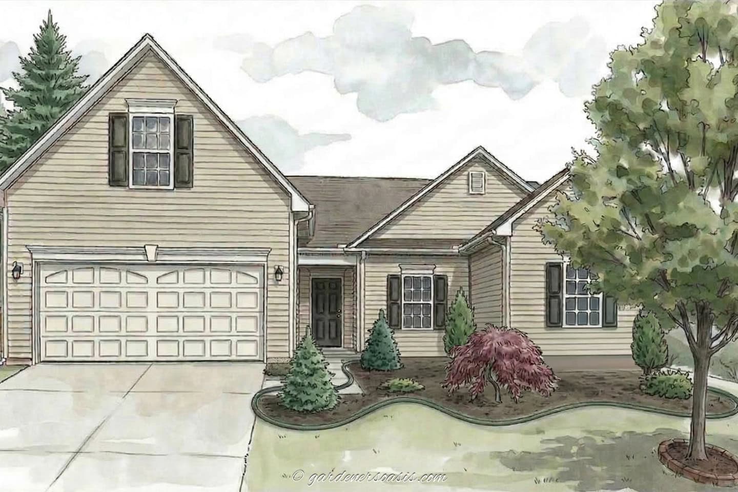 Illustration of a single-story suburban house with a two-car garage, beige siding, front lawn, trees, and shrubs under a cloudy sky.
