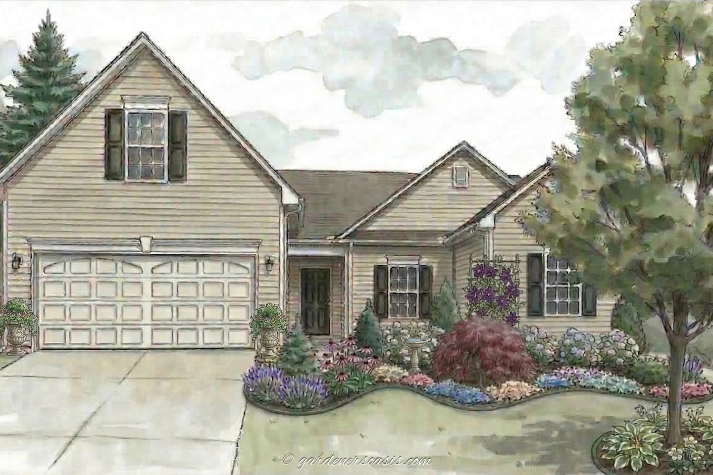 A single-story house with an attached garage, gabled roof, and a front yard featuring a variety of flowers, shrubs, and a large tree.