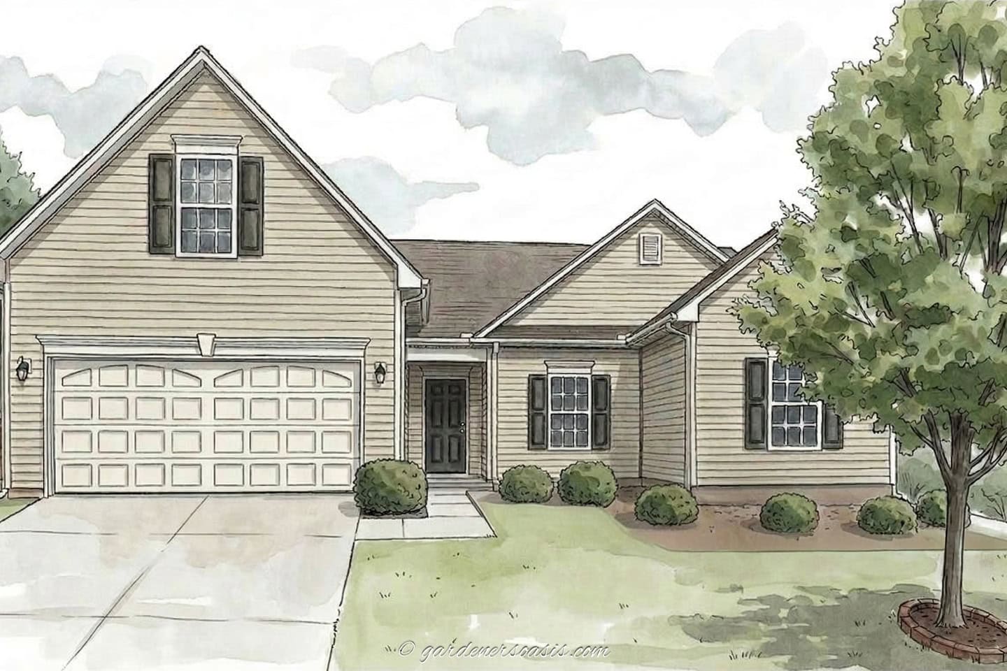 illustration of a builder grade foundation planting before it has been upgraded