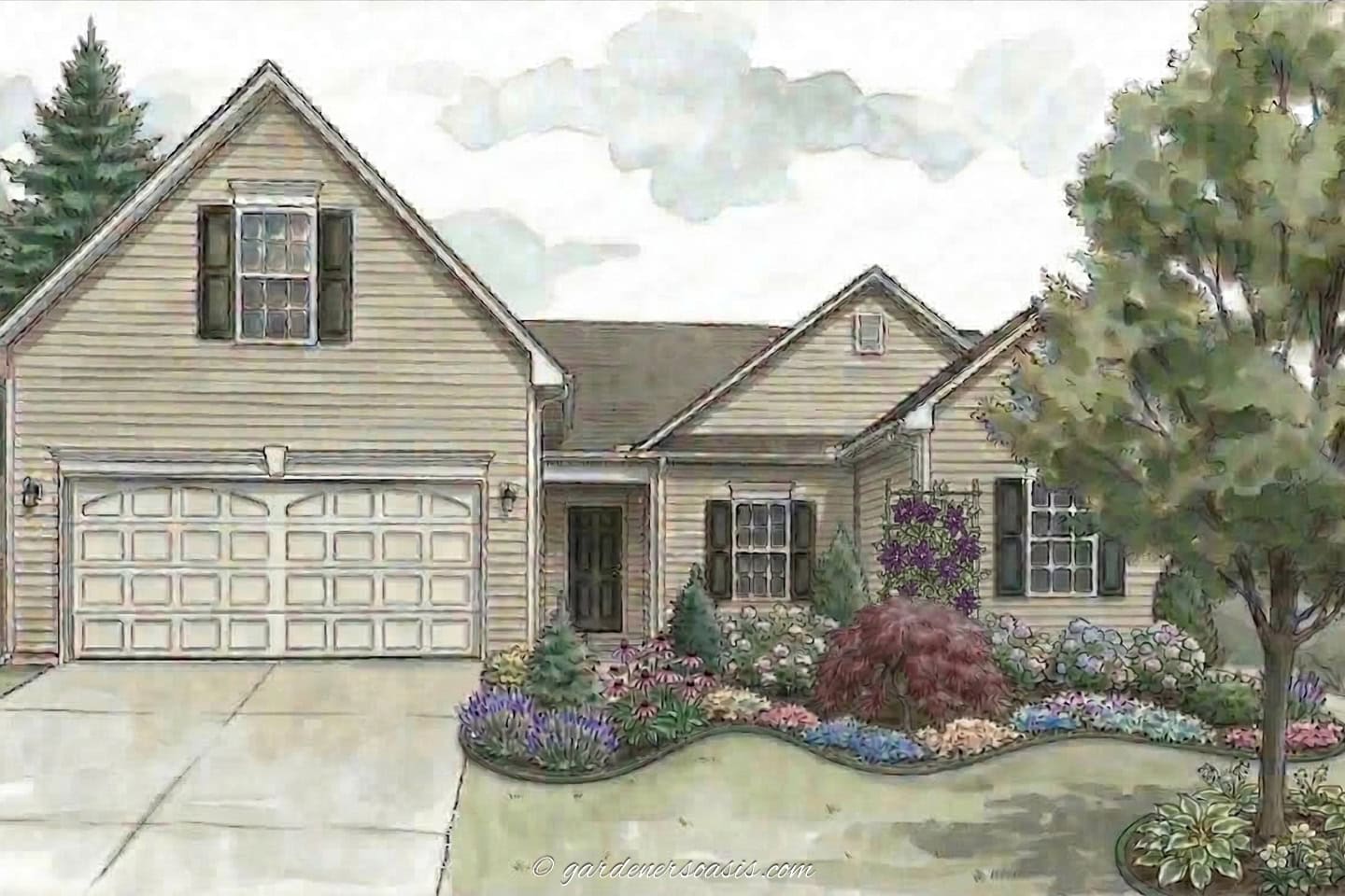 Illustration of a single-story suburban house with an attached garage, landscaped front yard, and various flower beds and shrubs.