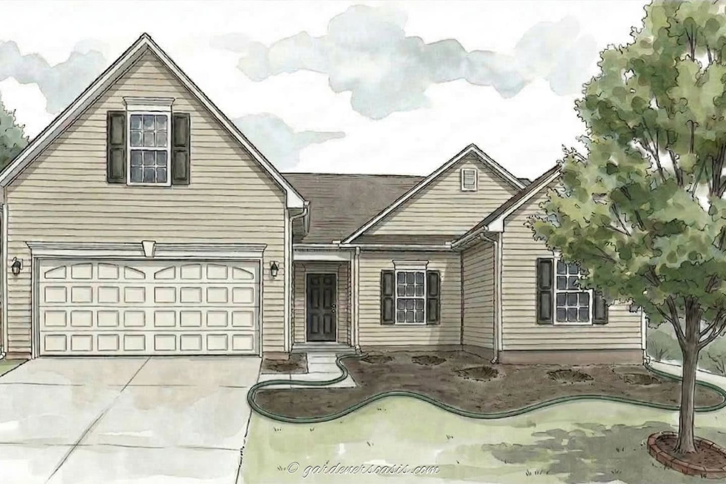 illustration of a builder grade house with the original bushes removed