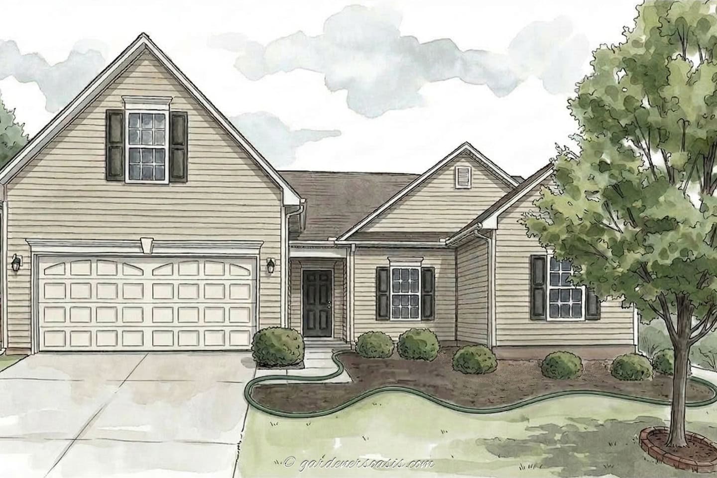 Illustration of a single-story suburban house with a two-car garage, beige siding, dark roof, front lawn, bushes, and a tree on the right side.