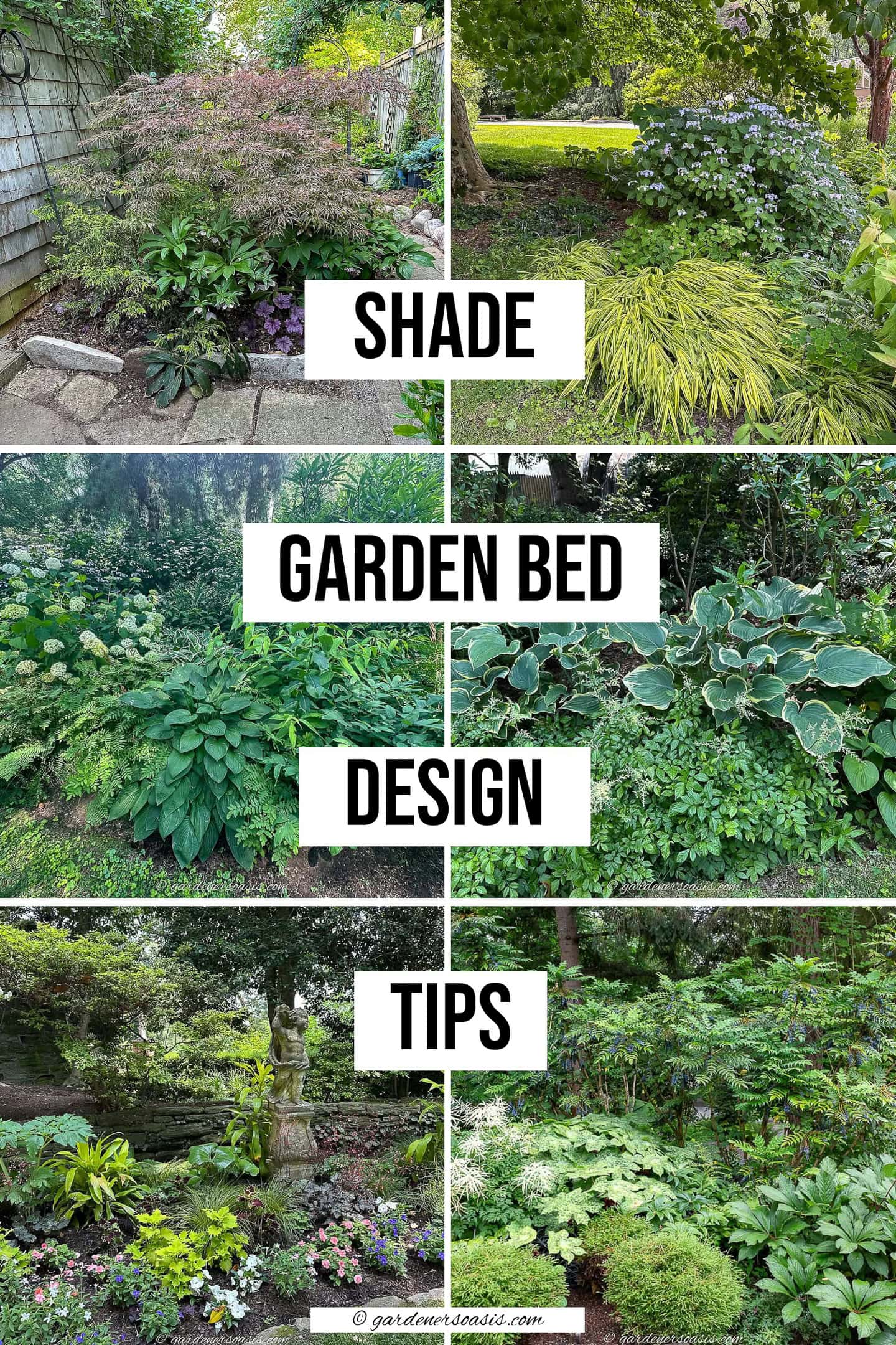 A collage of shade garden bed pictures with the text "Shade Garden Bed Design Tips" written down the middle