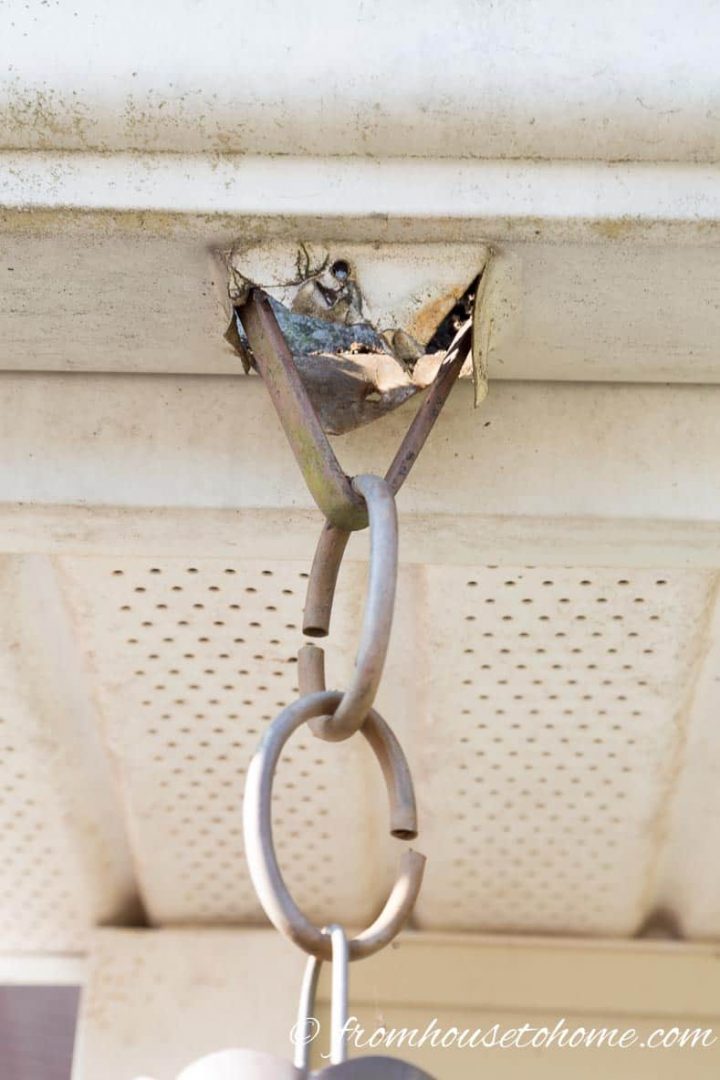The rain chain loop hooks onto the bracket